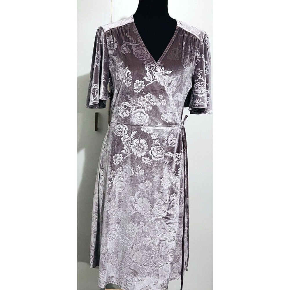 Velour Wrap Dress Wm's L Feminine Boho Evening Cocktail Party MIdi Biege